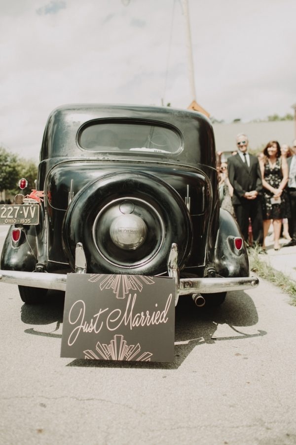 Vintage Glam Get-Away Studebaker Car with Just Married Sign