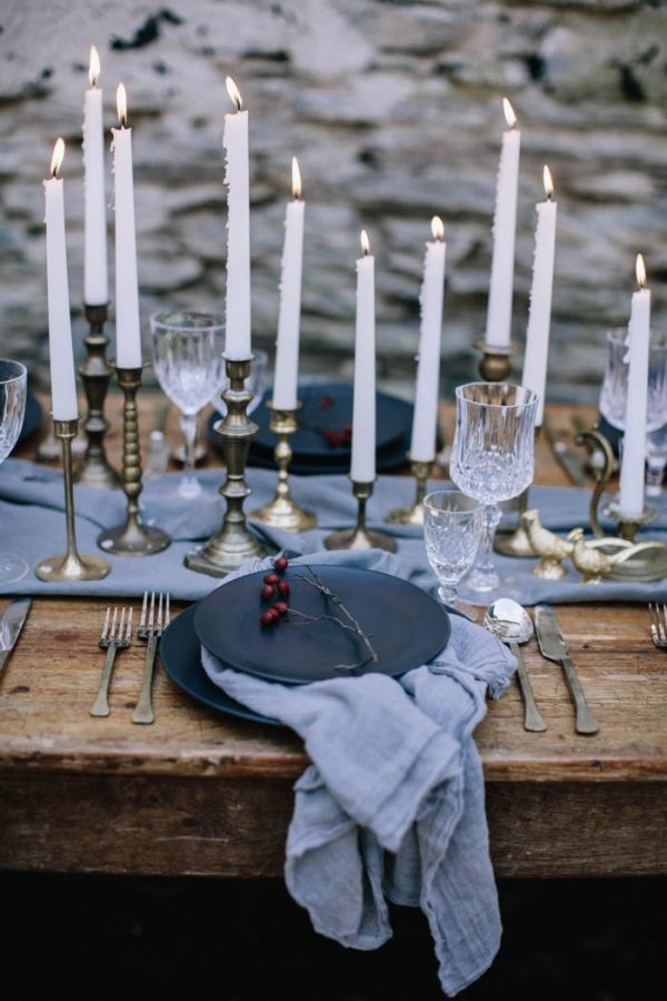 Romantic and Moody Blue and Gold Table Decor