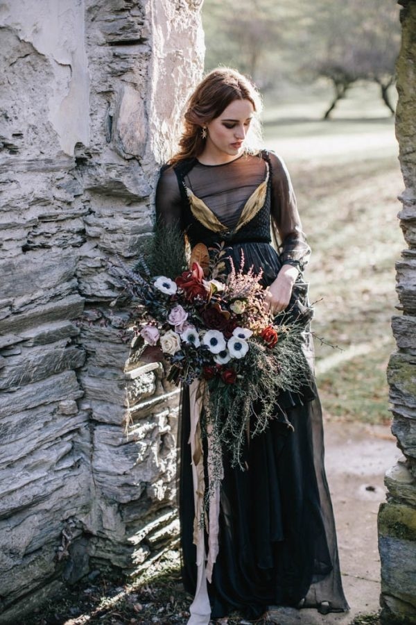 Black Wedding Dress and Moody Floral Bouquet