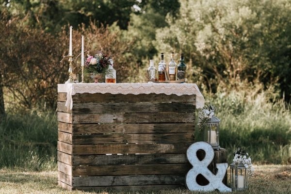 Fall Wedding Inspiration Rustic Bar Setup with Marquee Letter