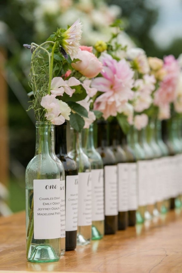 Pink Flowers in Wine Bottle Vases