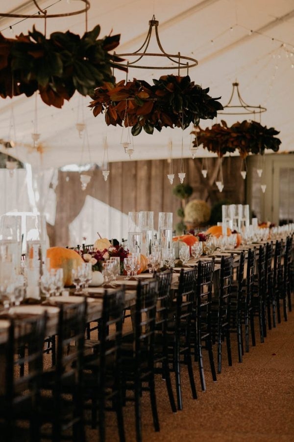 Fall Wedding Reception Inspiration with Hanging Magnolia Installments