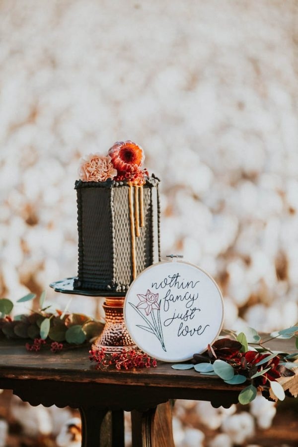 Alternative Elopement Inspiration in a Cotton Field Black Hexagonal Cake with Embroidery Hoop