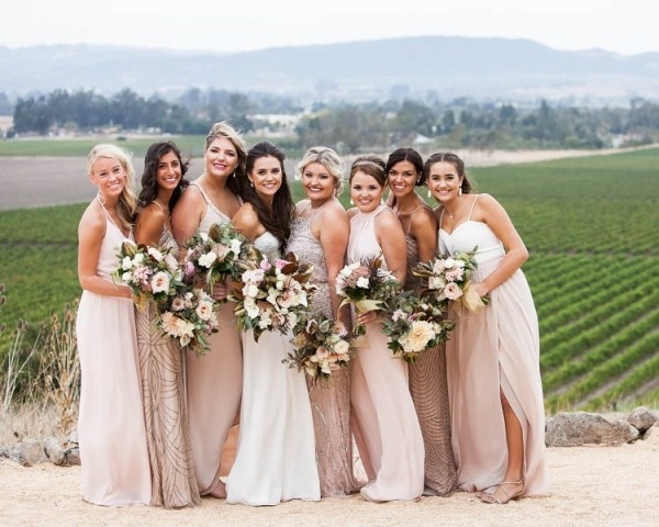 Champagne and Burgundy Wine Country Wedding Bridesmaids Dresses