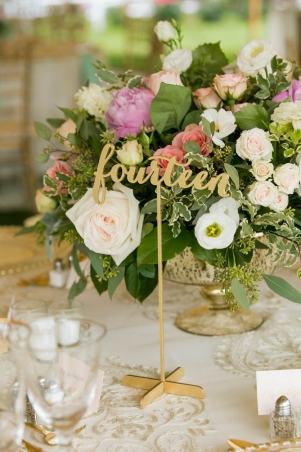 Bright Spring Floral Arrangement and Gold Table Number