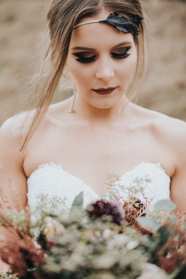 Moody Fall Bridal Style with Leaf Headband and Dark Makeup