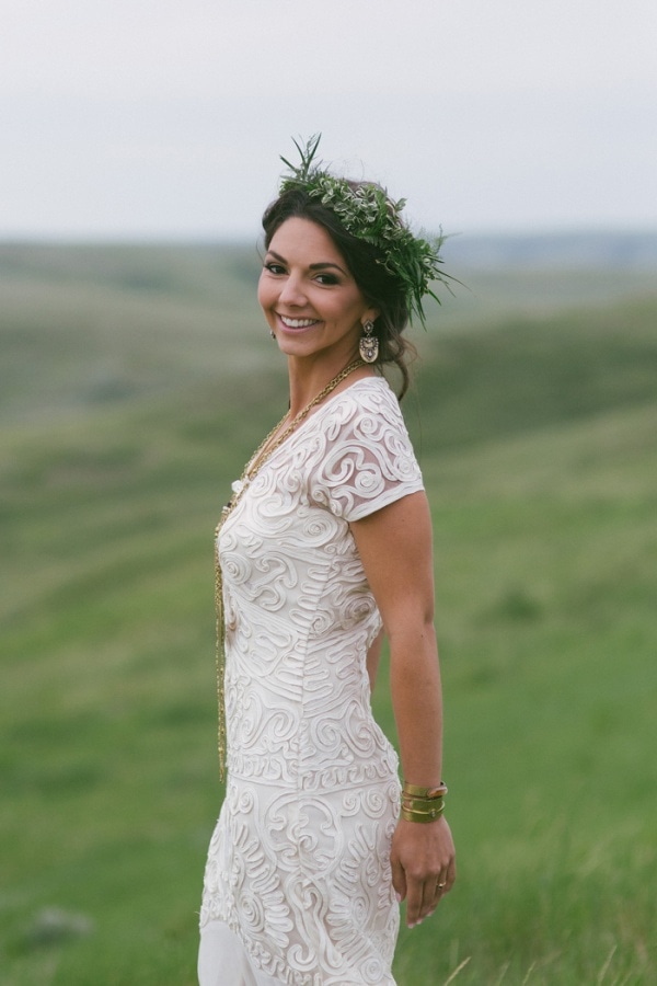 Elegant Bohemian Bridal Look with Greenery Crown and Embroidered Gown