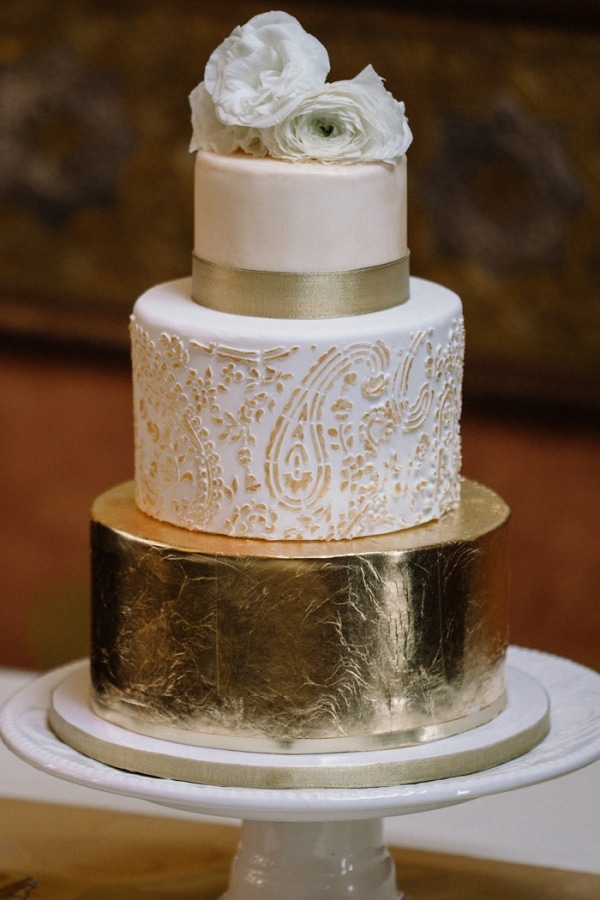 Rustic Glam Gold Foil Three Tiered Wedding Cake with Paisley Pattern and White Rose Topper