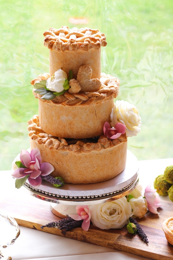 Tall Pie Tiered Wedding Cake with Pink Floral Details
