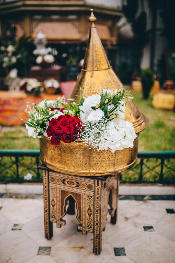 Gold Moroccan Lantern Floral Display with Red and White Roses