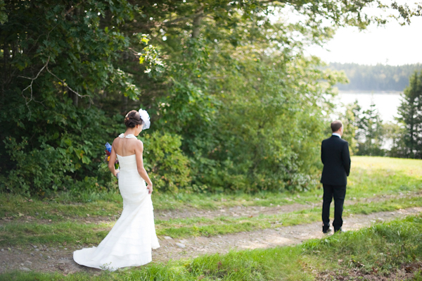 The bride walking up behind the groom for the first look- New England wedding - Bar Harbor Sorrento, Maine - photos by top east coast wedding photographers Justin and Mary New England wedding - Bar Harbor Sorrento, Maine - photos by top east coast wedding photographers Justin and Mary