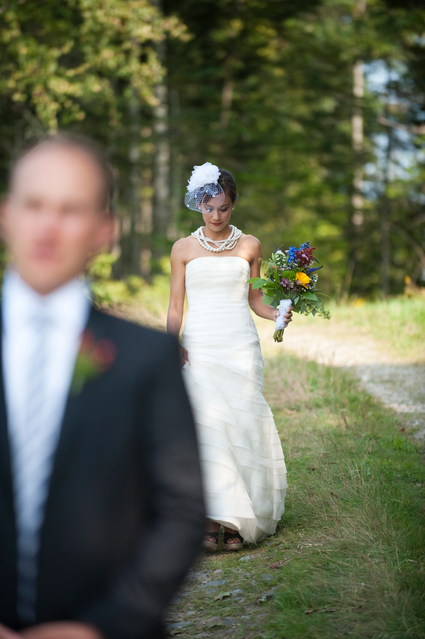 The bride walking up behind the groom for the first look- New England wedding - Bar Harbor Sorrento, Maine - photos by top east coast wedding photographers Justin and Mary New England wedding - Bar Harbor Sorrento, Maine - photos by top east coast wedding photographers Justin and Mary