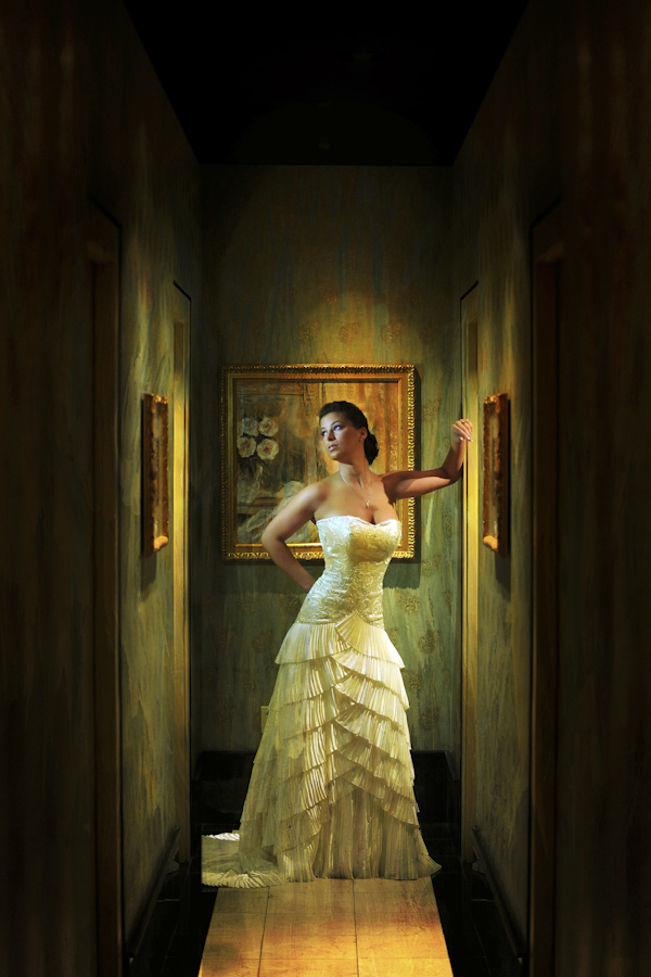 classic portrait of beautiful bride in art-lined hallway - fine art wedding photo by top Dallas based photographer Paul Ernest