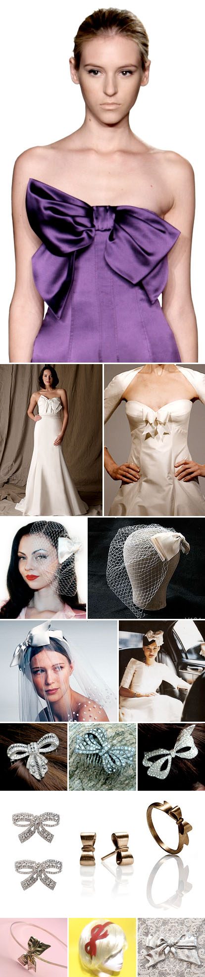 Bow and ribbon accented wedding dresses, veils, jewelry and accessories