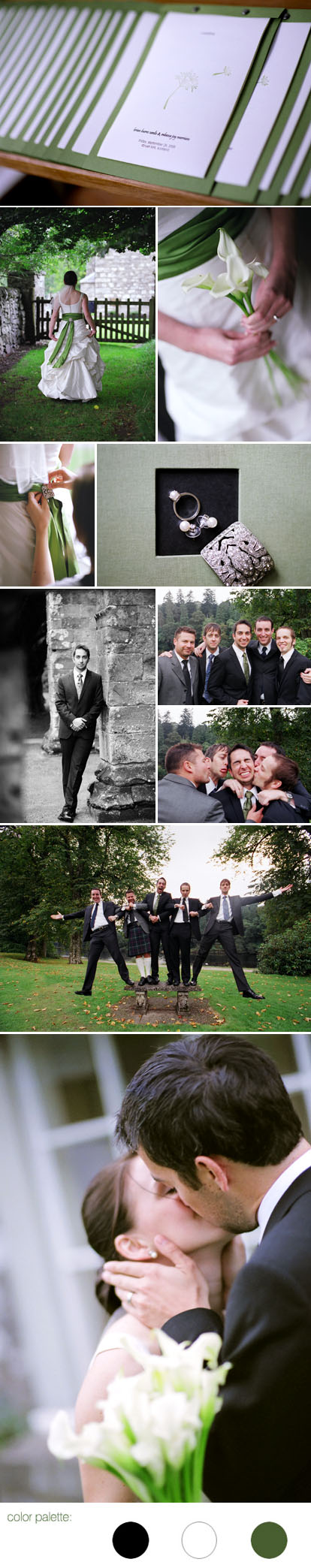 Images by Eric Rhodes, Scotland destination wedding, black, white and green wedding color palette Images by Eric Rhodes, Scotland destination wedding, black, white and green wedding color palette