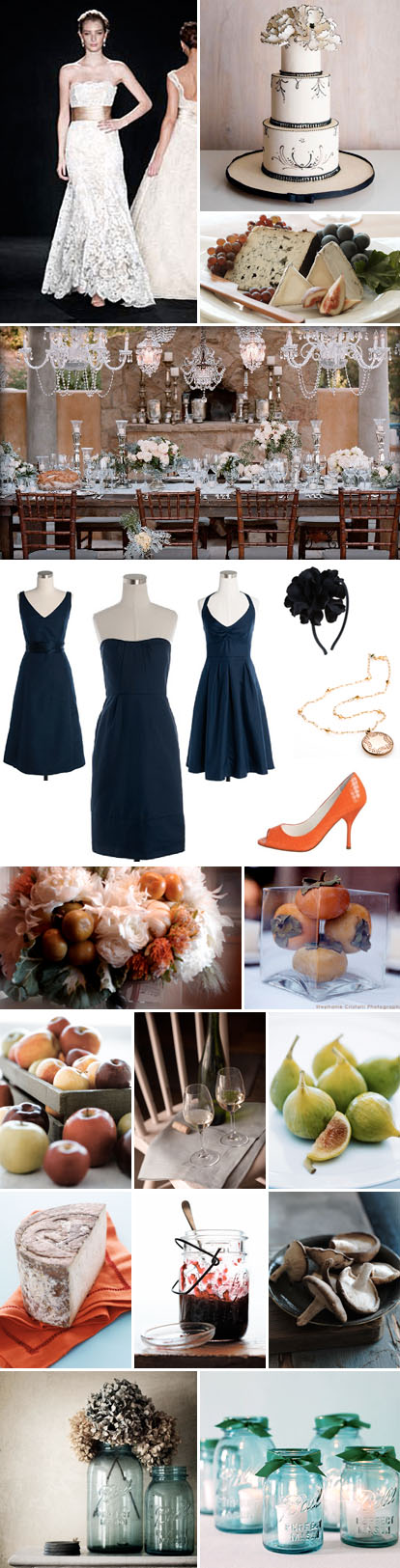 navy blue, cream and orange wedding color palette for a rustic and elegant fall foodie wedding