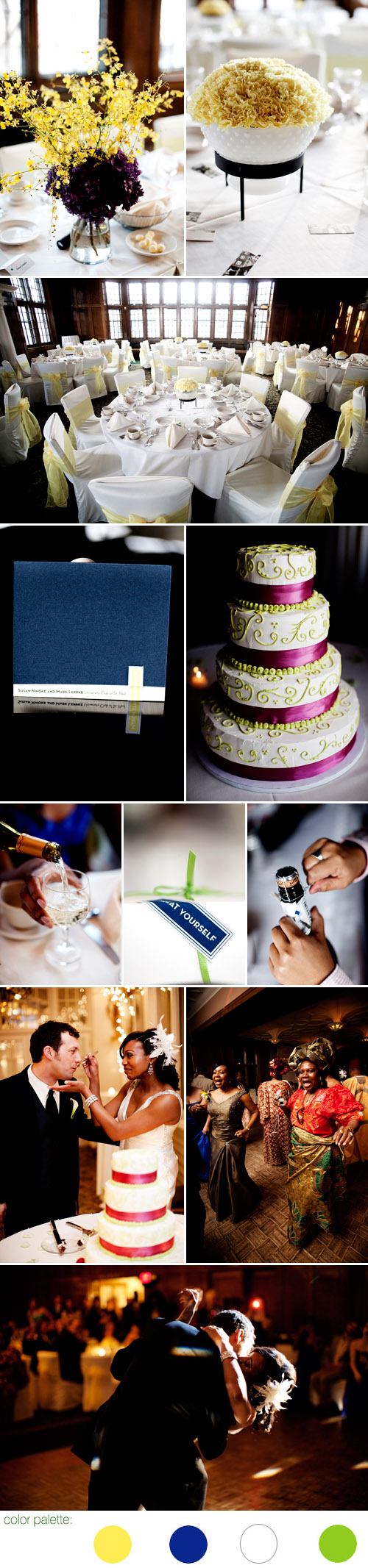 St Paul, Minnesota spring real wedding reception, yellow and blue color palette, images by Eliesa Johnson of Photogen