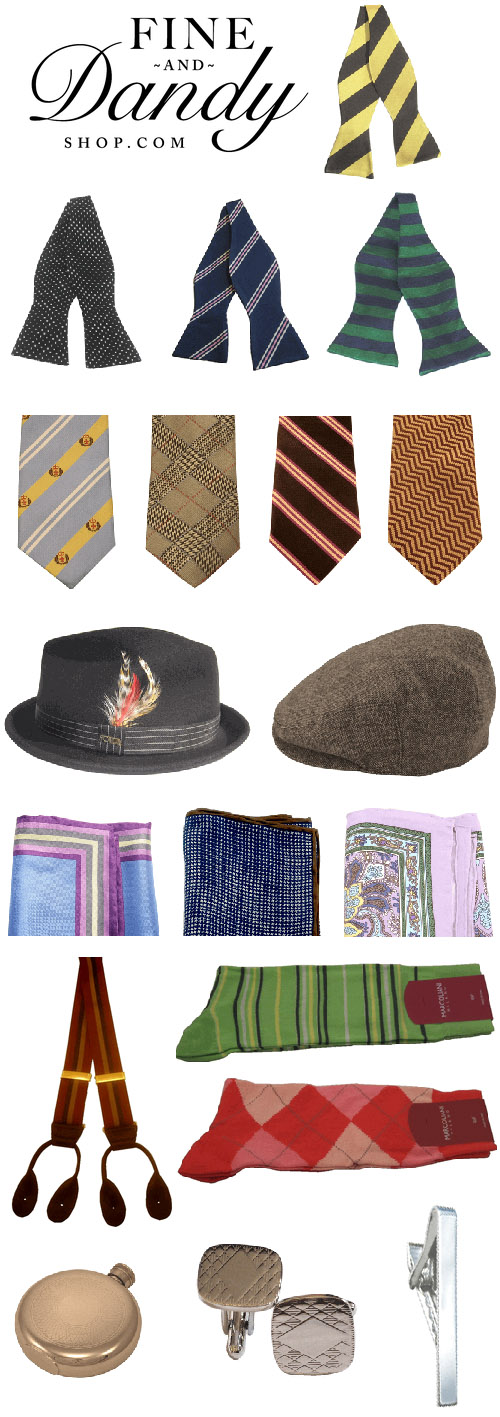 creative and stylish men's wedding fashion and accessories from Fine and Dandy Shop, bow ties, cuff links, pocket squaret, pocket watches, hats