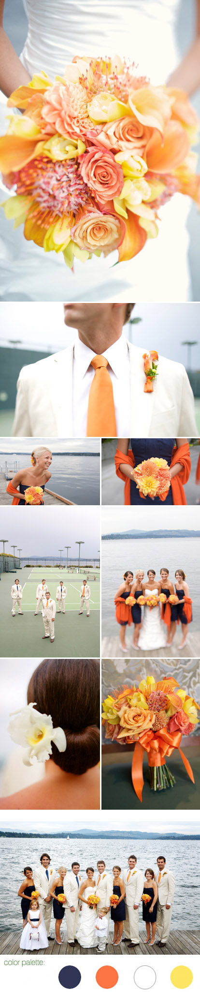 Summer outdoor wedding with modern preppy wedding fashion, navy blue, orange, yellow and white color palette, images by One Thousand Words Photography