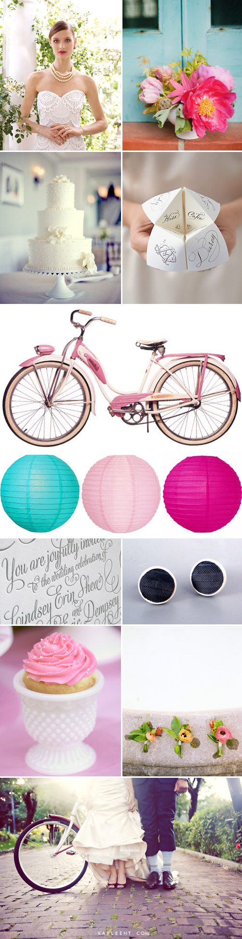 romantic and rustic vintage bicycle wedding inspiration board, petal pink and turquoise blue wedding color palette