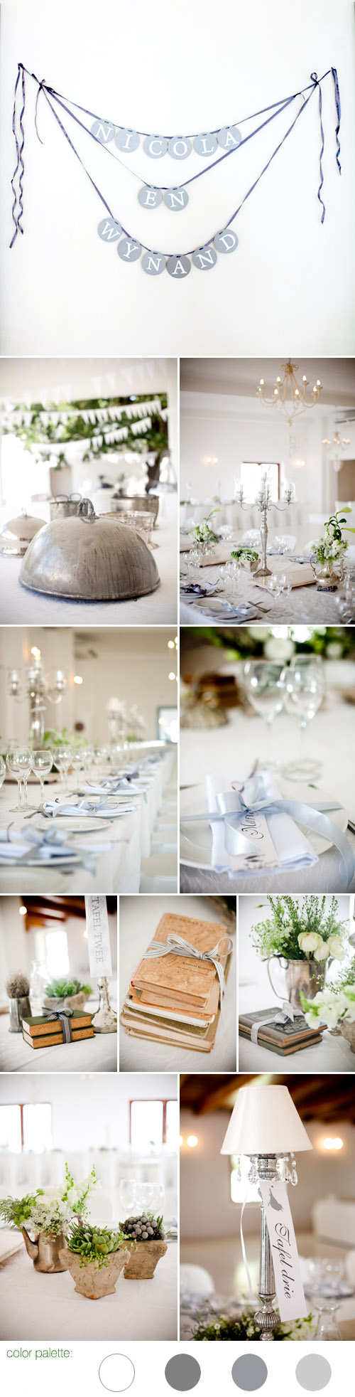 romantic vintage inspired real wedding in south africa, white, gray and silver wedding color palette and table decor, images by Christine Meintjes