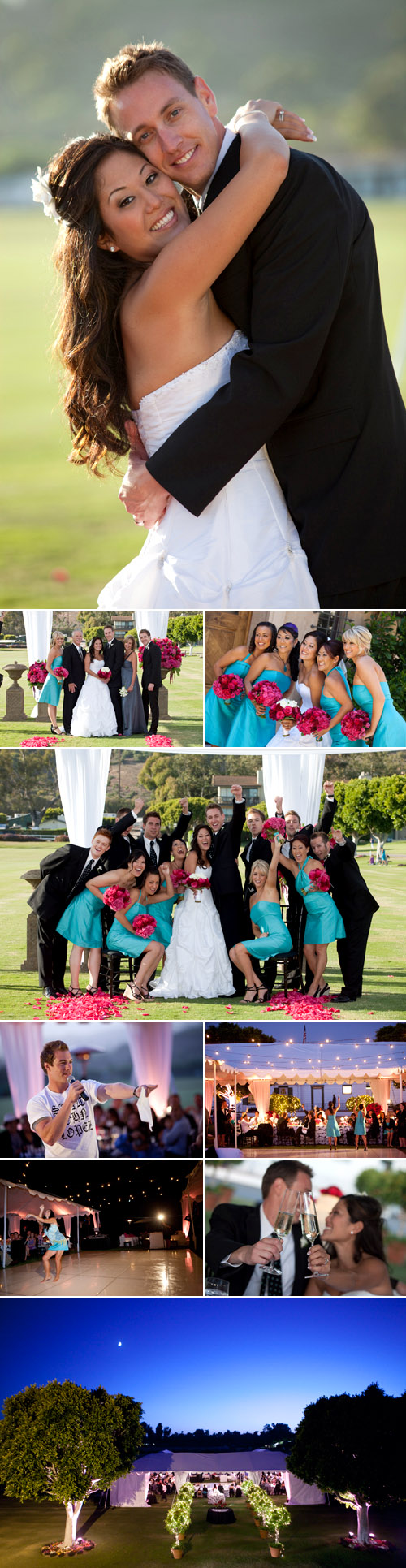 Santa Barbara, California summertime real wedding reception, black, white, fuschia pink and turquoise wedding color palette, images by Melissa Musgrove Photography and Halberg Photographers