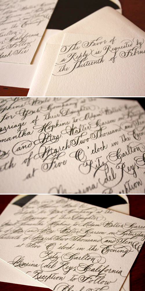 black, white and cream calligraphy wedding invitation design