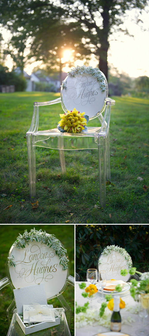 Ghost chairs with calligraphy from Jubilee Events; photos by Carla Ten Eyck | Junebug Weddings