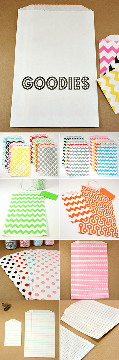colorful chevron, stripe and polka dot printed paper wedding favor bags from Whisker Graphics