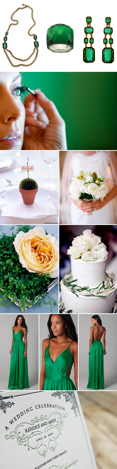 emerald green wedding color ideas and inspiration, green wedding decor, fashion and jewelry