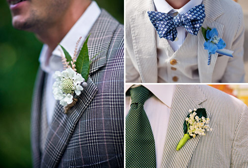 Boutonnieres with Patterned Suits - Photos by Tracey Buyce, Yvette Roman, and Jeremy Harwell | Junebug Weddings