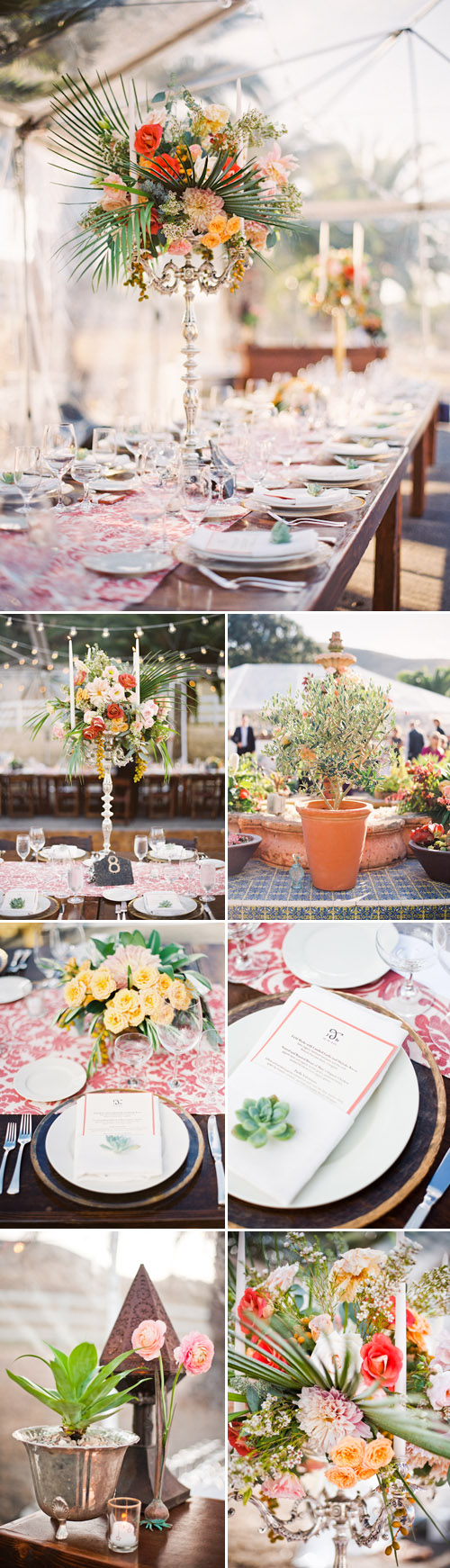 Wedding floral tabletop design with succulents, Spanish old-california wedding decor at La Familia Ranch in San Luis Obispo, CA