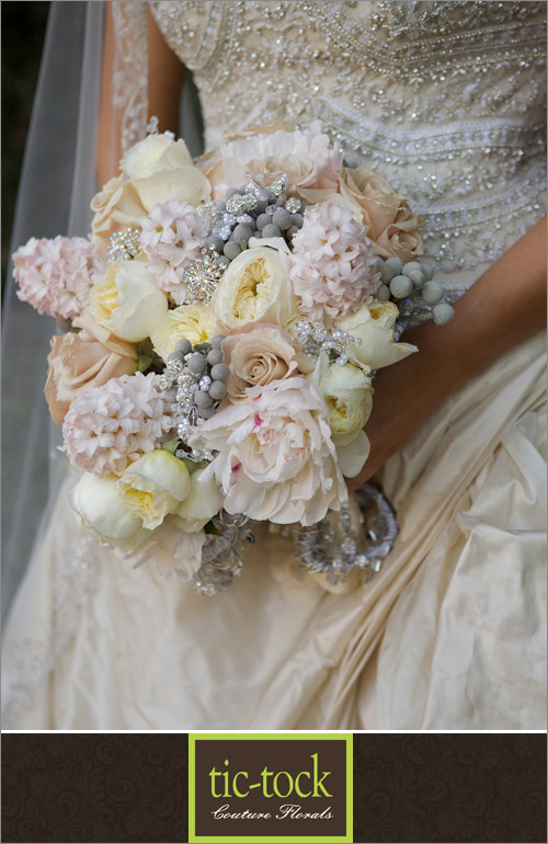 Glamorous bridal bouquet by tic-tock couture florals; photo by Kris Kan | junebugweddings.com