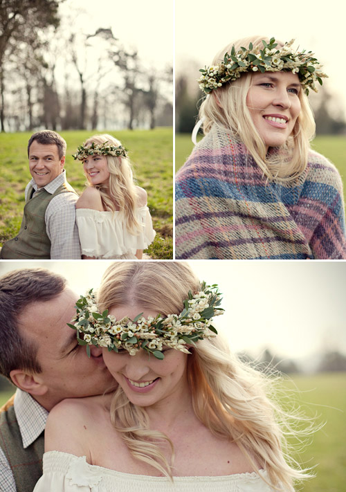 White flower crown of wheat, wax flower, and eucalyptus from UK designer fairy nuff flowers - Photos by Marianne Taylor Photography via Junebug Weddings