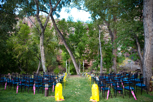 colorful yellow, peacock blue and teal wedding in Colorado, photo by Nate and Jenny Weddings | junebugweddings.com
