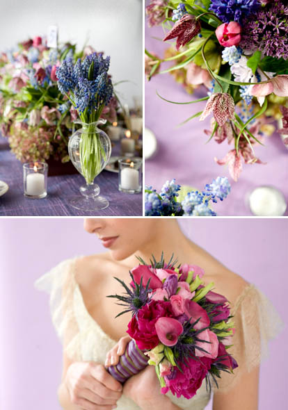 lavender summer wedding table setting, floral arrangements and bridal bouquet