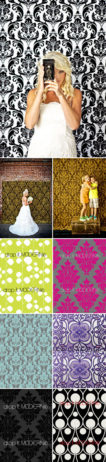 Damask and graphic print fabric photo backdrops from Drop It Modern, all images from dropitmodern.com and Schaap Studios