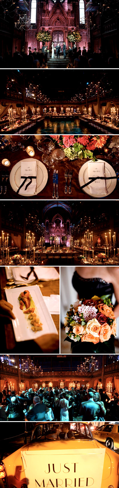 Bohemian glam real wedding downtown New York City in plum, purple, jewel tones and candle light, by Fete