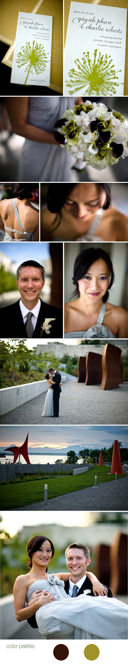 Bradley Hanson Photography, green and brown color palette, modern wedding at the Seattle Olympic Sculpture Park