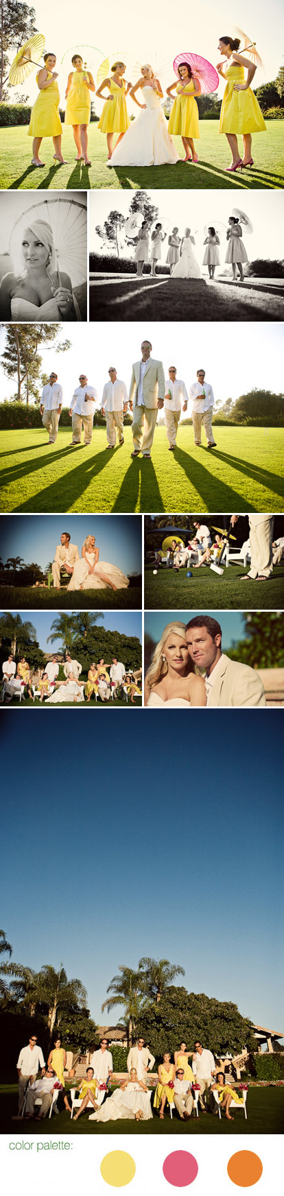San Diego wedding at Rancho Valencia Resort, wedding party with parasols, lime green, lemon yellow, orange and pink wedding color palette, images by Natalie Moser Photography