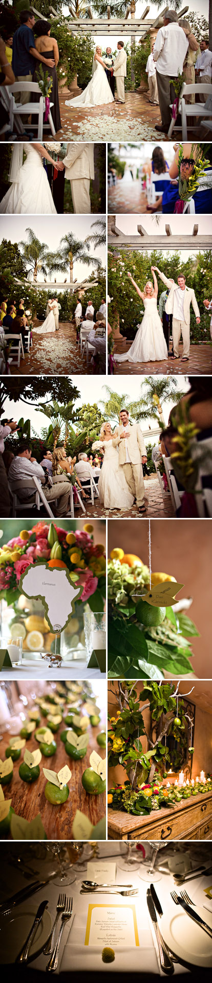 San Diego wedding at Rancho Valencia Resort, outdoor wedding ceremony, lime green, lemon yellow, orange and pink wedding flowers and decor, images by Natalie Moser Photography