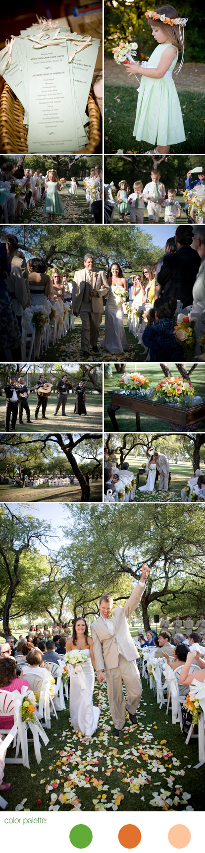 Tuscan, Arizona outdoor wedding ceremony with mariachi band, orange and green wedding color palette, images by Roberto Valenzuela Photography