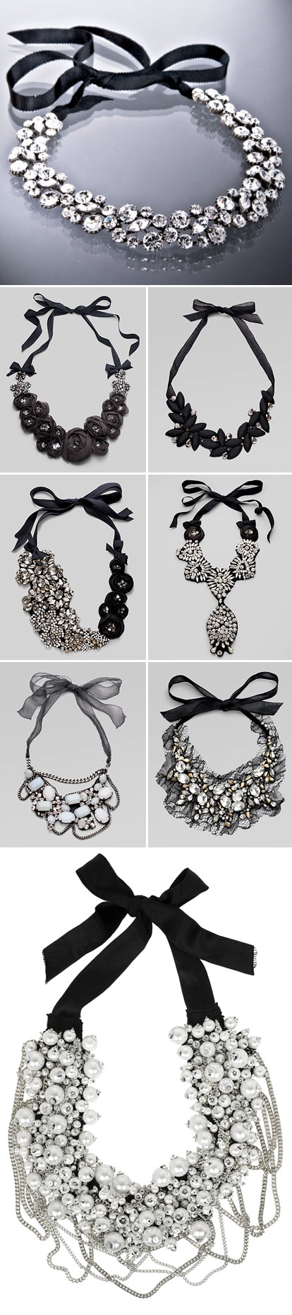 Black and white wedding jewelry and accessories, black ribbon, pearl and crystal bib necklaces
