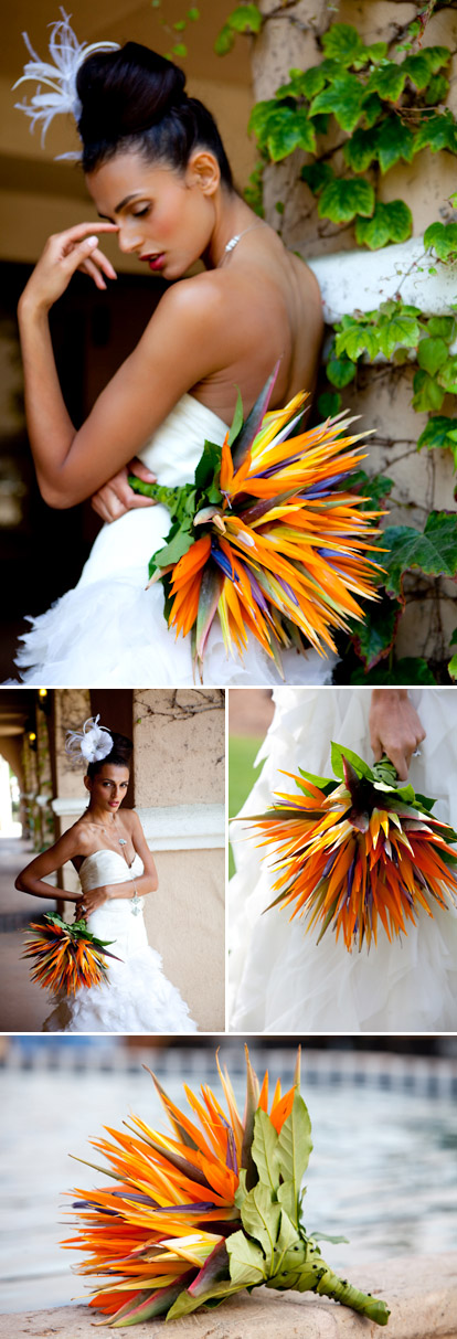 Birds of paradise wedding bouquet, tropical orange, yellow, green and purple wedding color palette, image by La Vie Photography