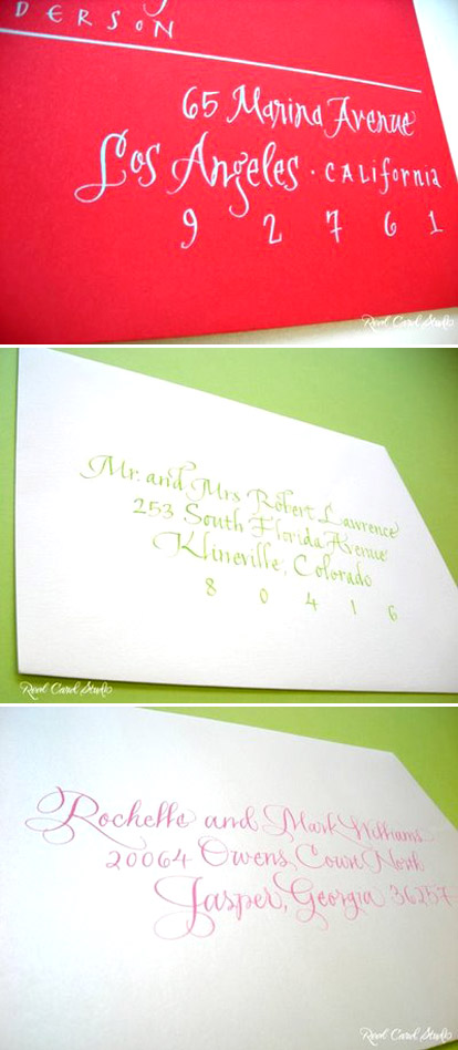 Colorful calligraphy and bright red envelopes for wedding invitations from Real Card Studio