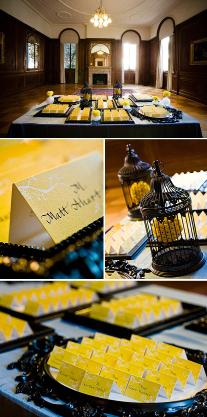 Whimsical French yellow and black wedding escort cards by Gloria Wong Design, images by Anna Kuperberg