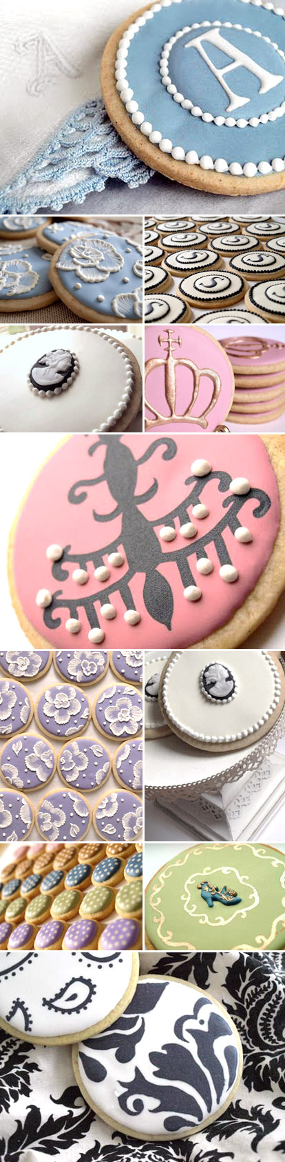 custom decorated wedding sugar cookies in damask, monogram, cameo, and fabric embroidery by SweetAmbs