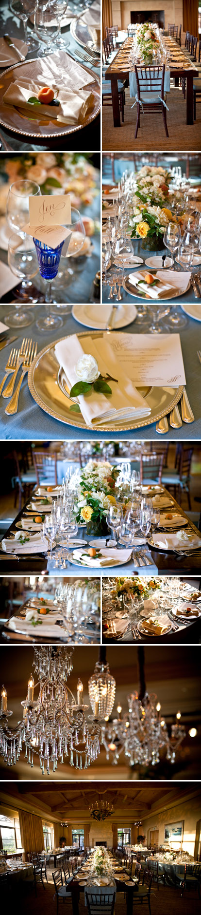 Teal, peach and metallic rose gold vrustic vintage wedding table tops, real wedding decor at The Resort at Pelican Hill, images by Jay Lawrence Goldman