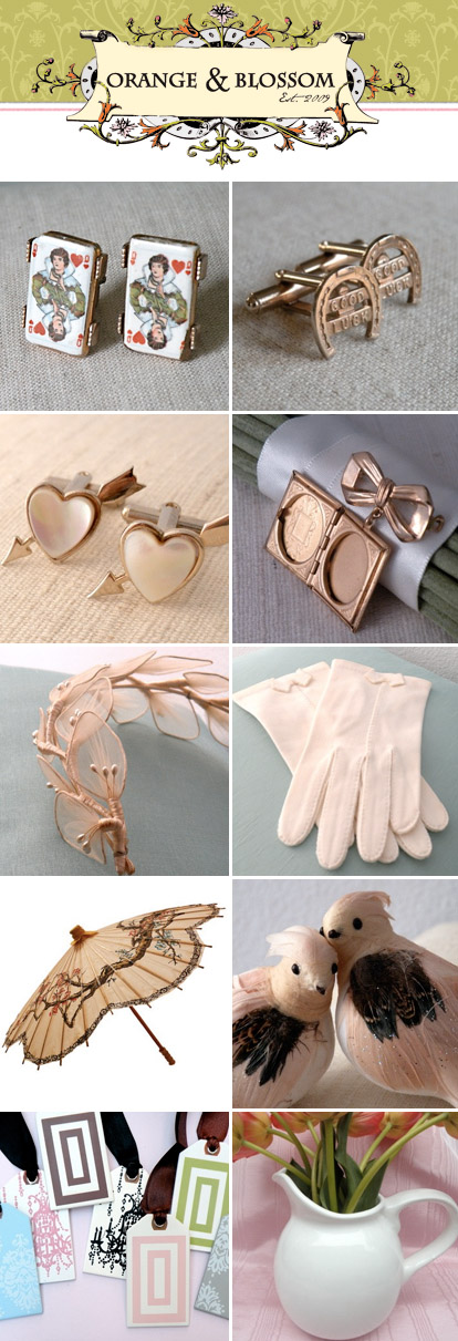 vintage wedding decor, favors and fashion accessories from Orange and Blossom