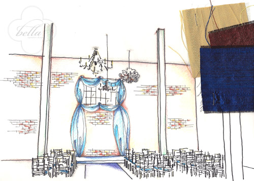 cobalt blue draping in an industrial warehouse, wedding ceremony design illustration from Nadia and Daniela of Bella Signature Design